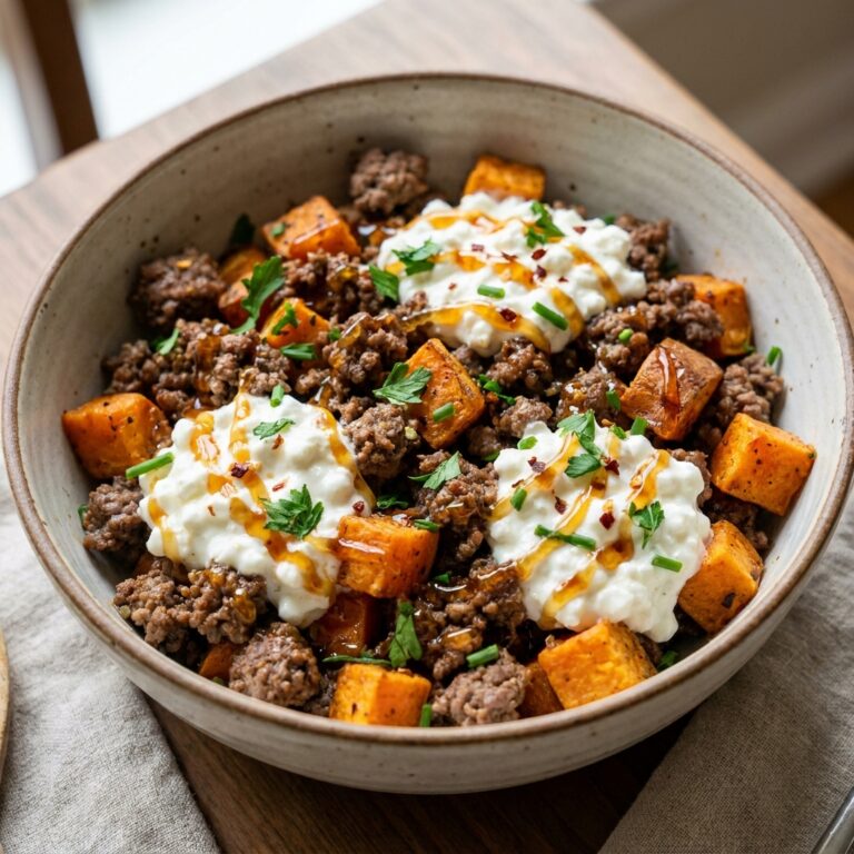 Hot honey cottage cheese sweet potato beef bowl