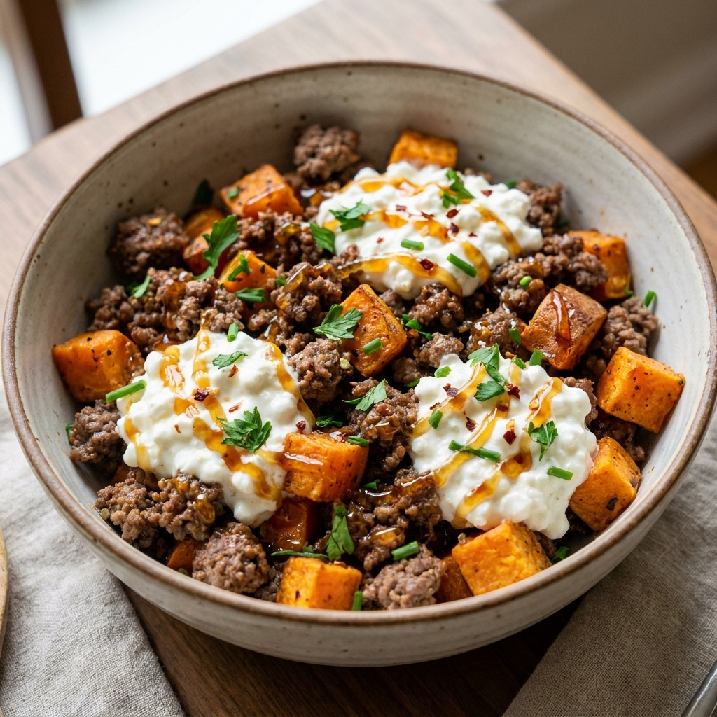 Hot honey cottage cheese sweet potato beef bowl