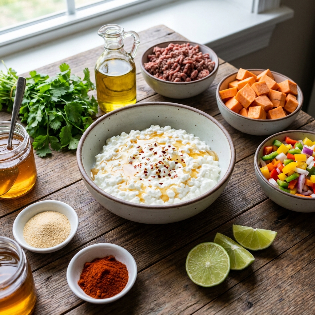 Hot honey cottage cheese sweet potato beef bowl