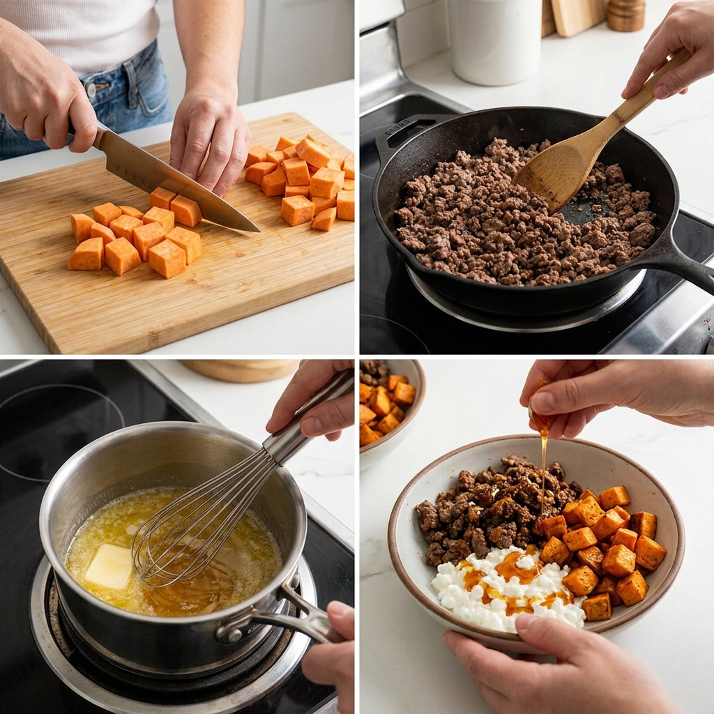 Hot honey cottage cheese sweet potato beef bowl