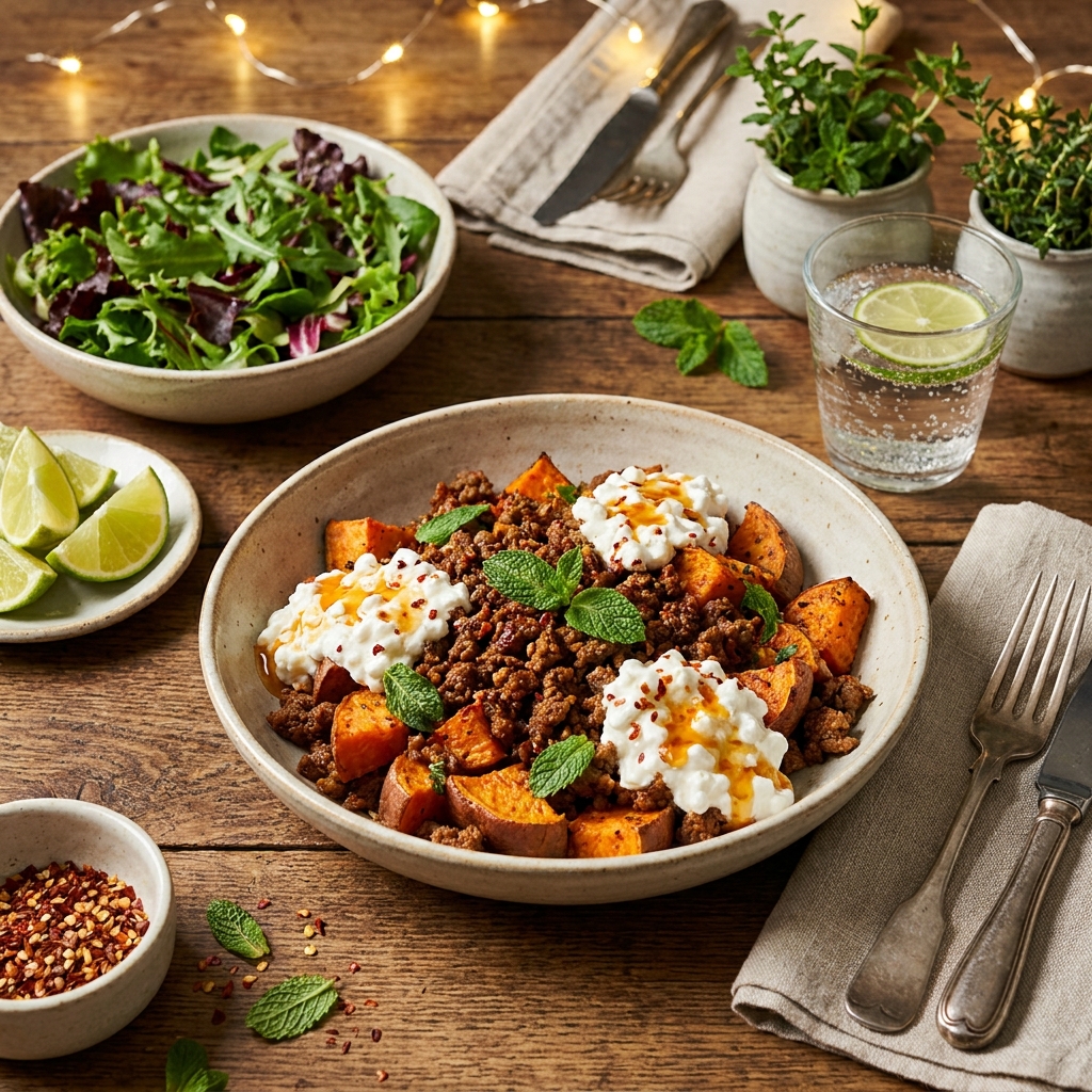Hot honey cottage cheese sweet potato beef bowl