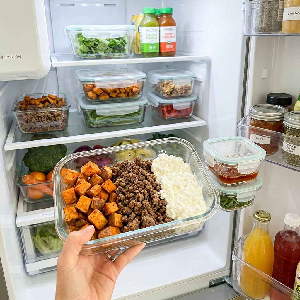 Hot honey cottage cheese sweet potato beef bowl