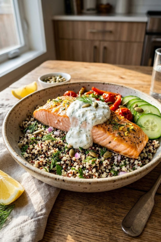 The Best 2026 Baked Salmon with Garlic Yogurt Sauce and Quinoa Bowl Healthy Dinner Recipe 2 Untitled Design 1 40