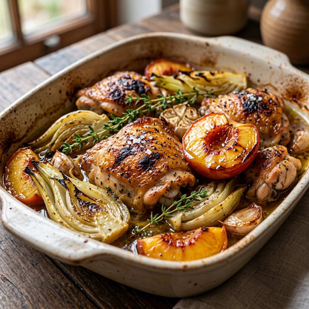 Roasted Chicken With Fennel and Peaches recipe